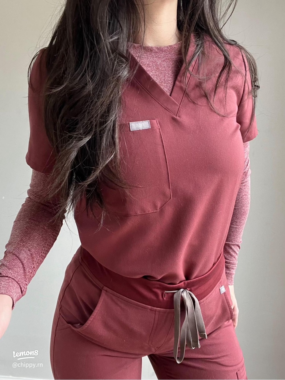 Women’s V-Neck Scrub Top and Pant Set in Dark Cherry
